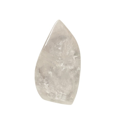 Clear quartz flame close-up showing natural inclusions and rainbow refractions within transparent crystal, a master healer stone for clarity and manifestation