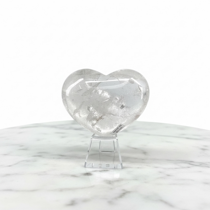 Kindred Crystal Collective — Clear Quartz Heart Brazil, large polished transparent clear quartz heart with natural inclusions