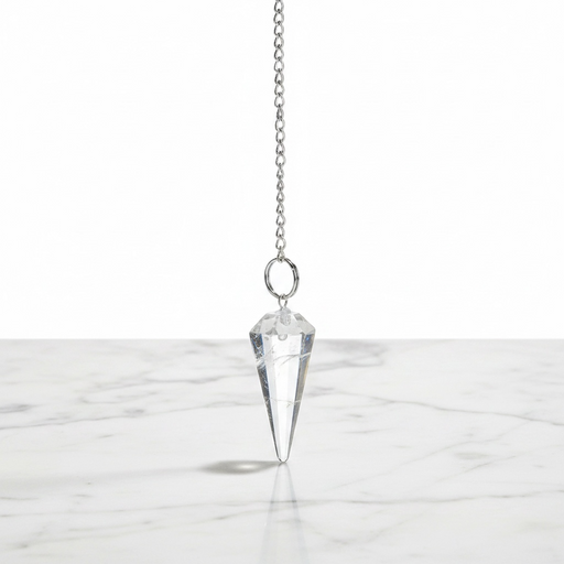Natural clear quartz faceted pendulum in transparent crystal, used for dowsing, manifestation and crown chakra healing