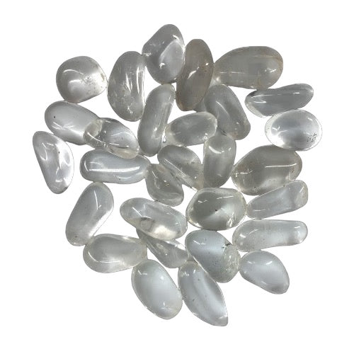 Kindred Crystal Collective — Clear Quartz Tumbled 1.5–2cm, large group of small polished clear to milky white quartz stones with high-gloss finish on white background