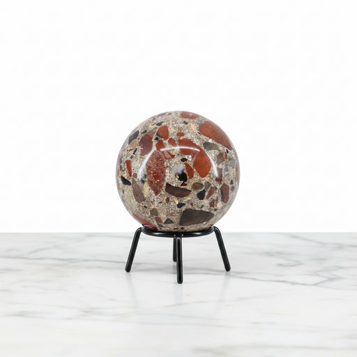 Natural conglomerate jasper polished sphere 387g, 6.8cm diameter, showing mosaic of earthy reds, browns and greens, for grounding, strength and stability