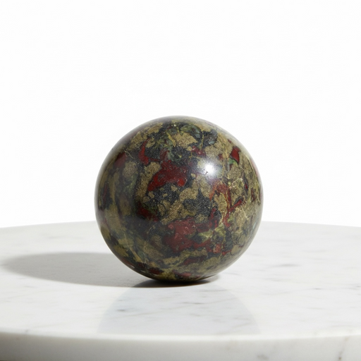 Natural dragon blood jasper crystal sphere 71mm with deep green base and vivid red inclusions, for protection and courage