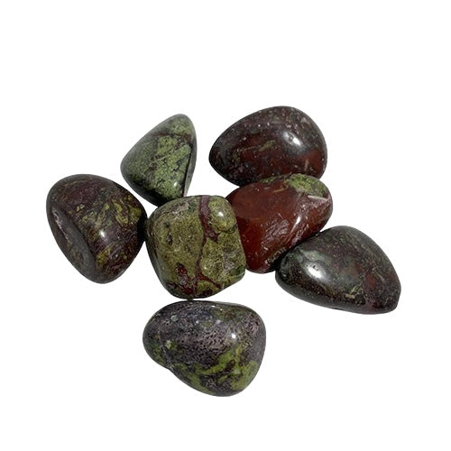 Kindred Crystal Collective - Seven large polished Dragon's Blood Jasper tumbled stones showing deep forest green, rich red and dark burgundy natural patterning.