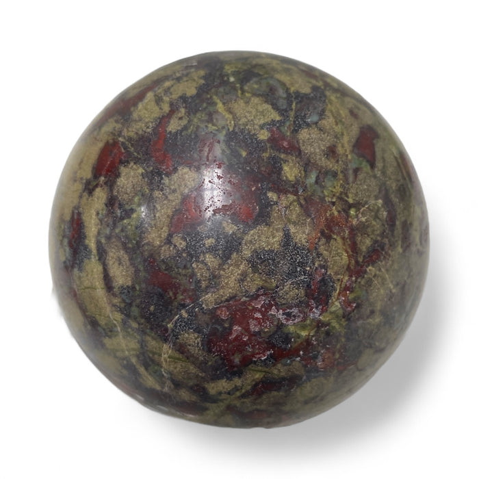 Dragon blood jasper sphere showing striking green and red patterning, a powerful healing crystal for chakra grounding and strength
