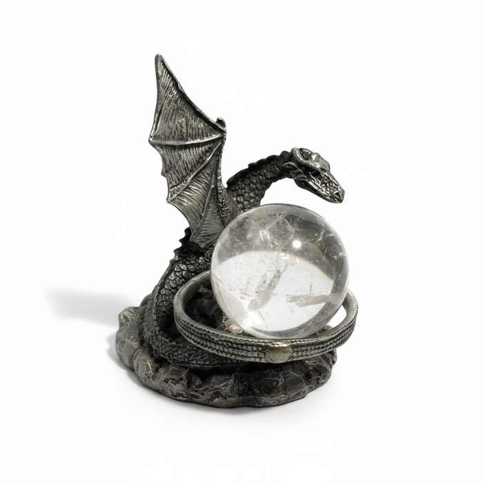 A sculptural pewter piece that cradles your crystal sphere within the powerful presence of a dragon.