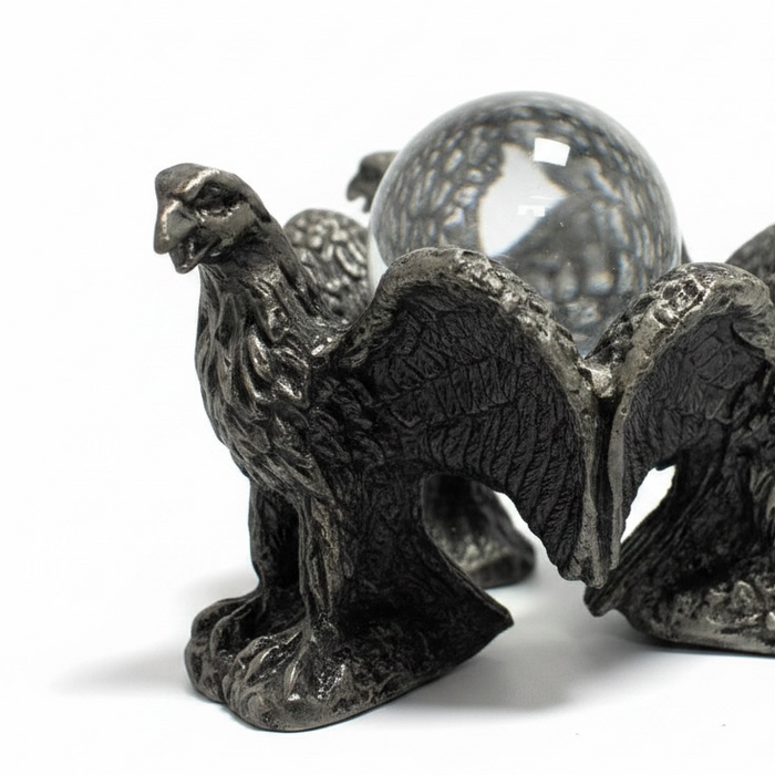 Triple Eagle Sphere Pewter Stand alternate angle showing intricate pewter eagle detailing | Kindred Crystal Collective