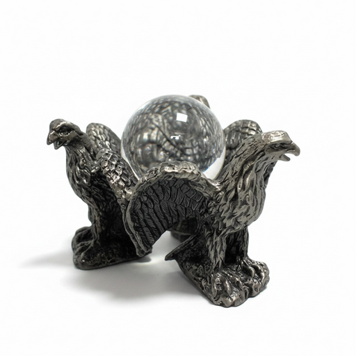 Triple Eagle Sphere Pewter Stand front view with three eagle figures supporting crystal sphere base | Kindred Crystal Collective