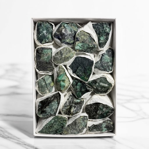 Kindred Crystal Collective — Emerald Rough Box, natural emerald rough specimen with deep forest green beryl crystals, presented in gift box