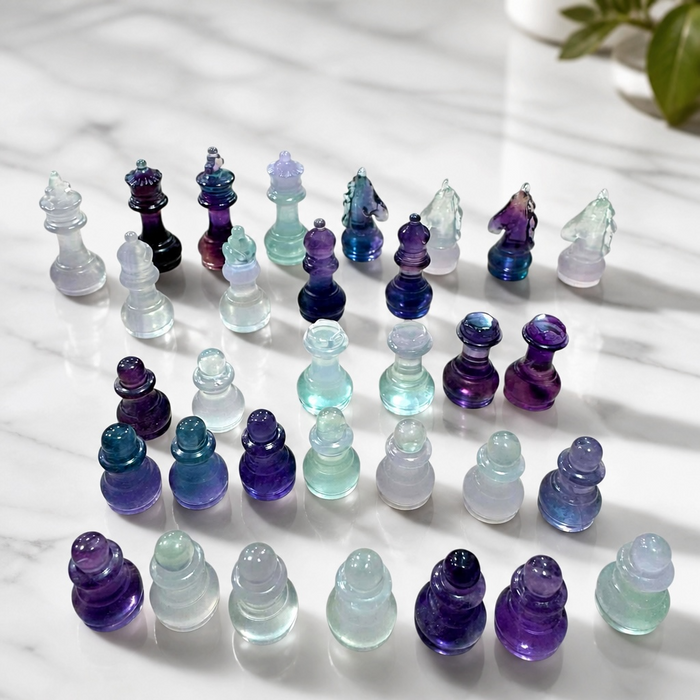 Kindred Crystal Collective — Fluorite Chess Set, pastel fluorite chess pieces arranged on board showing soft lavender and mint green natural banding
