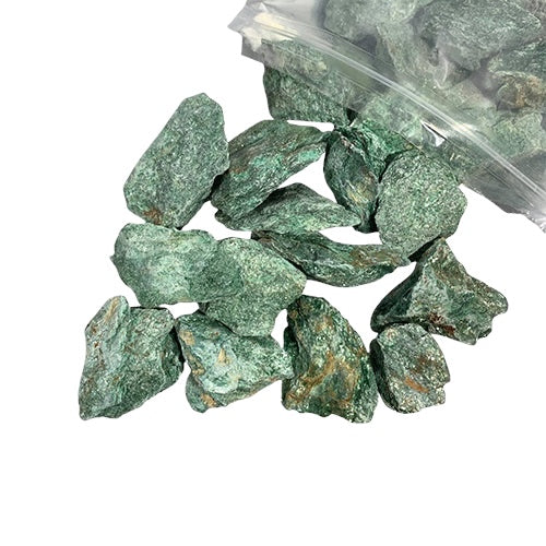 Kindred Crystal Collective — Fuchsite Rough 1KG, sparkling emerald-green raw fuchsite chunks spilling from a clear bag on white background.

