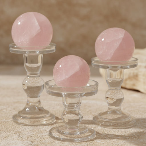 Glass display stand set showing tiered sizing for crystal spheres and candles | Kindred Crystal Collective