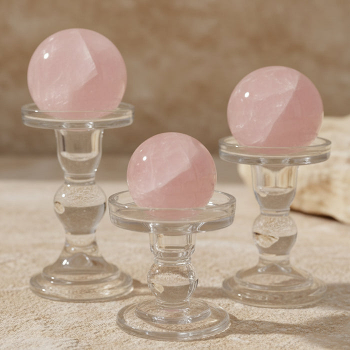 Glass display stand set showing tiered sizing for crystal spheres and candles | Kindred Crystal Collective