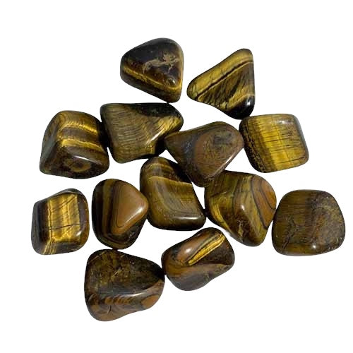 Kindred Crystal Collective — Golden Tiger Eye Tumbled 2.5–3cm, warm golden-brown tiger eye tumbled stone with silky chatoyance on white background