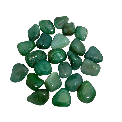 Kindred Crystal Collective — Agate Tumbled Green 2–3cm 200g bag, group of polished green stones with varied shades and subtle banding on a white background.