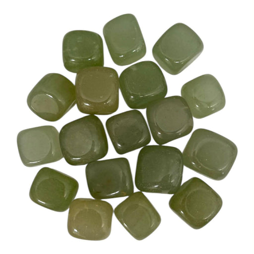 Kindred Crystal Collective — Green Aventurine Tumbled Stones, pile of polished sage-green Aventurine tumbled stones showing smooth rounded form and natural colour variation, white background