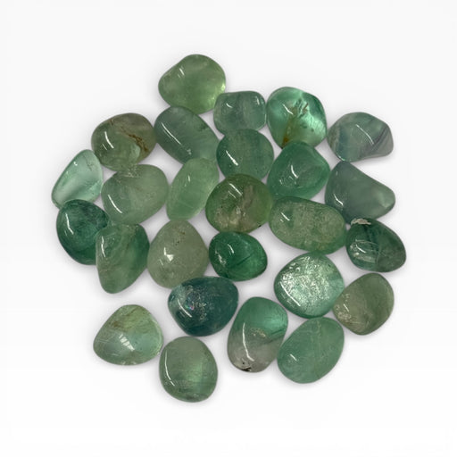 Kindred Crystal Collective — Green Fluorite Tumbled, large group of polished translucent green fluorite stones ranging from pale mint to deep emerald with natural colour zoning on white background
