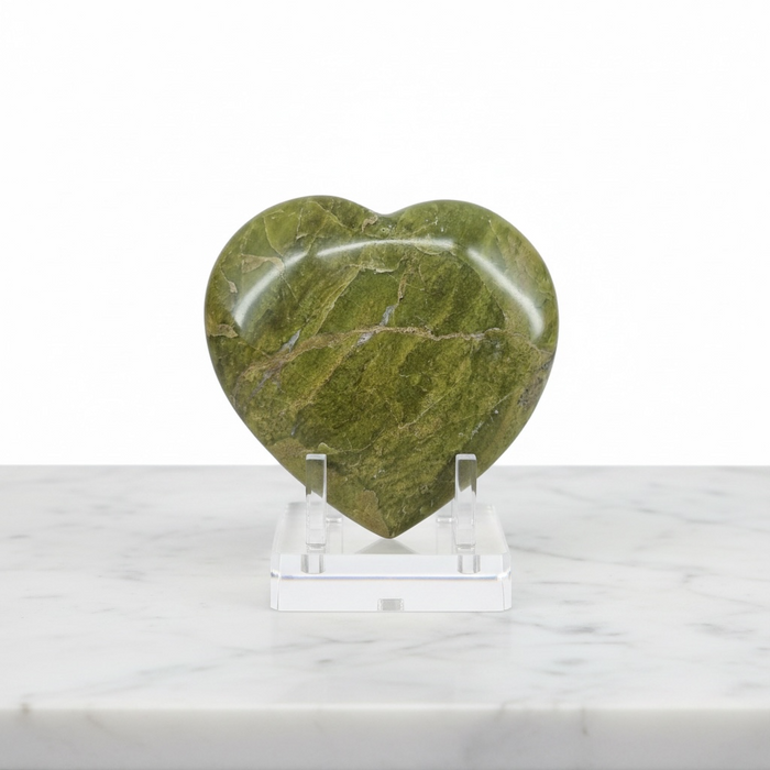 Natural green opal carved crystal heart 316g in soft earthy green, 8x9cm, for emotional healing, heart chakra and abundance