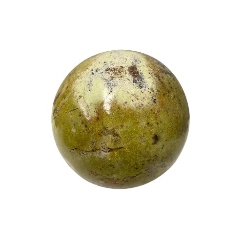Green opal statement sphere 10cm showing natural patterning and soft green colouring, a cleansing and rejuvenating crystal for sacred spaces and crystal collections