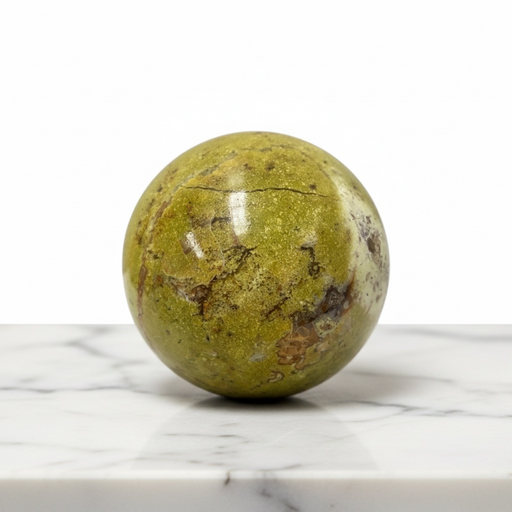Natural green opal polished sphere 1.2kg, 10cm diameter, in soft earthy green, for heart chakra, emotional healing and abundance