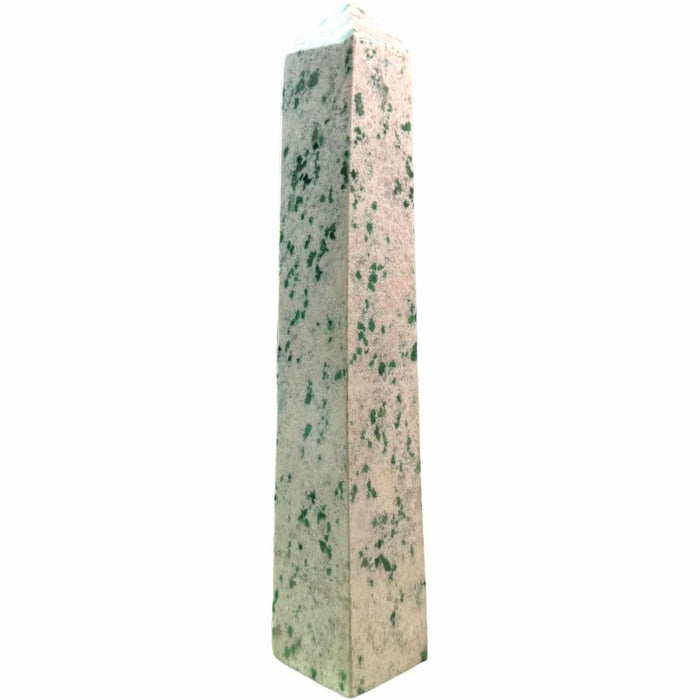 Grossularite garnet obelisk close-up showing deep green polished surface, a rare aluminium calcium garnet crystal for regeneration and positive transformation