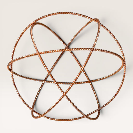 Kindred Crystal Collective — Handcrafted Copper Tensor Field Generator 20cm, twisted copper wire interlocking geometric star design, top view on white background