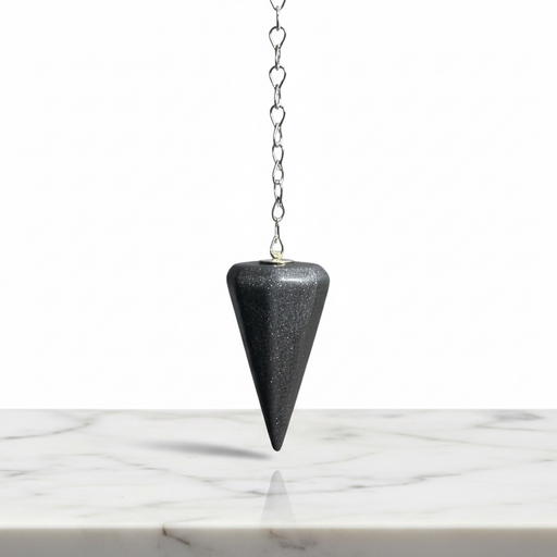 Natural hematite faceted pendulum in metallic silver-grey with mirror-like finish, used for dowsing, root chakra grounding and protection