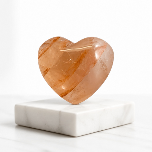 Kindred Crystal Collective — Hematoid Quartz Heart, polished peach and rust-toned Fire Quartz heart with Hematite inclusions displayed on a white marble stand
