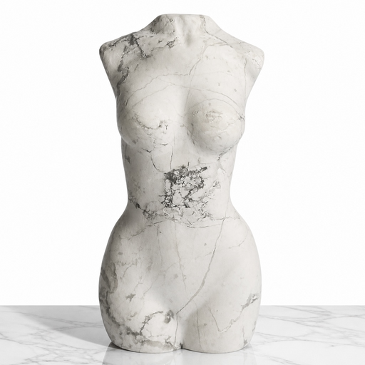 Kindred Crystal Collective — Howlite Female Body Carving, matte natural Howlite goddess figurine with bold grey-black veining displayed front-facing on white marble surface