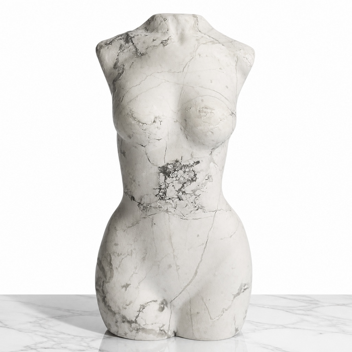 Kindred Crystal Collective — Howlite Female Body Carving, matte natural Howlite goddess figurine with bold grey-black veining displayed front-facing on white marble surface