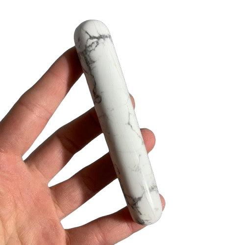 Kindred Crystal Collective — Howlite Massage Wand, natural howlite polished massage wand in chalk-white with distinctive grey veining, 11cm