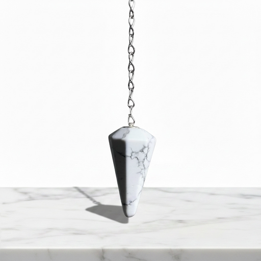 Howlite Pendulum crystal on white background — white stone with grey marble-like veining