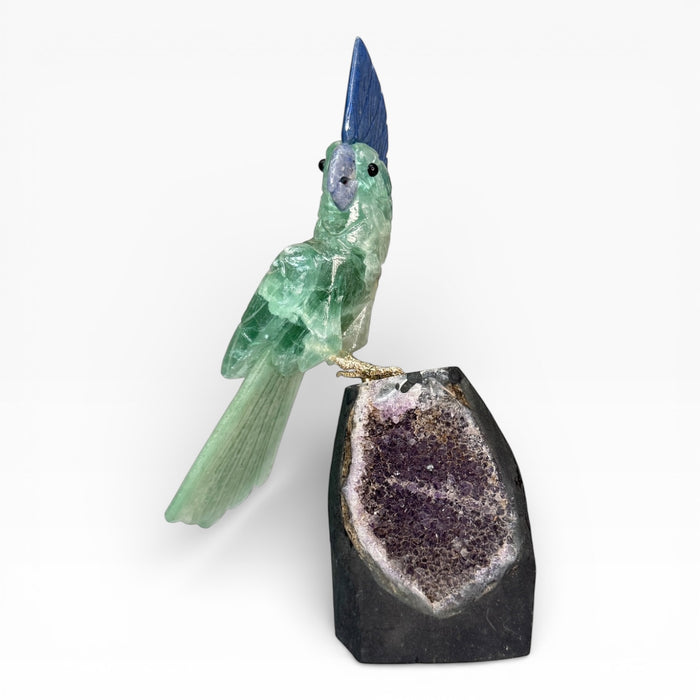 Green Fluorite Parrot on Amethyst Cluster