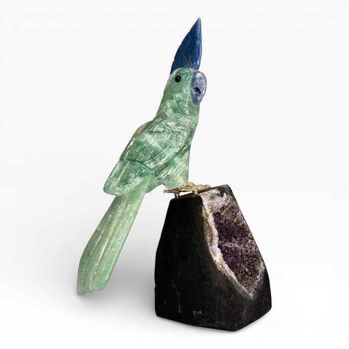 Green Fluorite Parrot on Amethyst Cluster