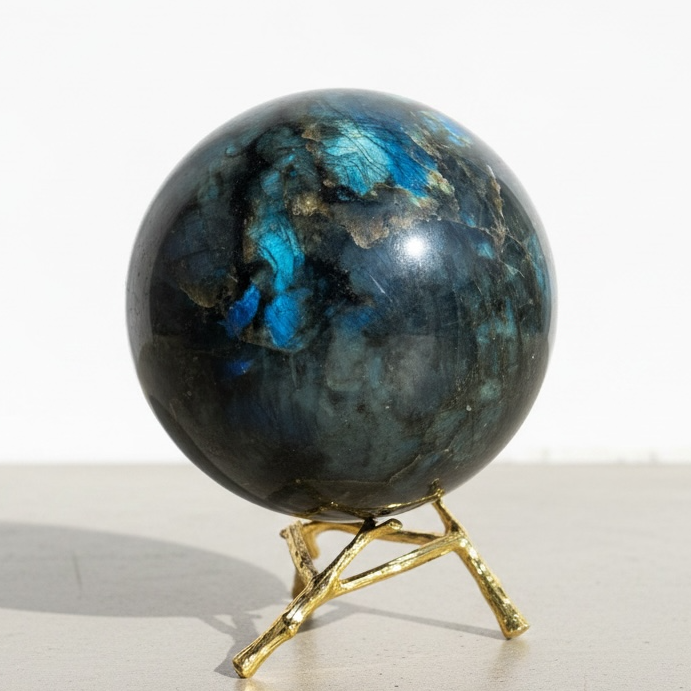 Labradorite crystal sphere on a gold stand against a white background