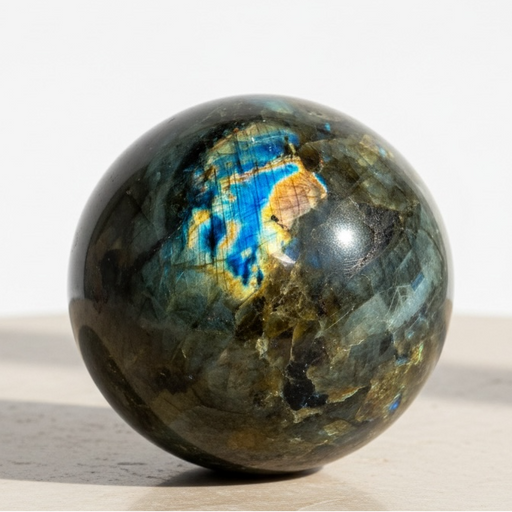 Labradorite crystal sphere on a light surface with a white background