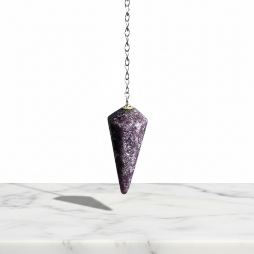Natural lepidolite faceted pendulum in lilac-purple with mica shimmer, used for dowsing, crown chakra healing and inner peace