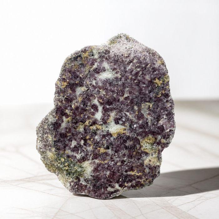Kindred Crystal Collective — Lepidolite Polished Face Rough Piece, natural lepidolite specimen showing polished face and rough natural exterior contrast, Option 3