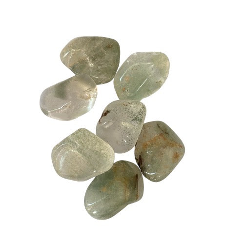 Kindred Crystal Collective — Lodalite Chlorite Tumbled 3–3.5cm, seven polished translucent pale green quartz stones with chlorite inclusions on white background