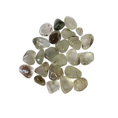 Kindred Crystal Collective — Lodalite Chlorite Tumbled 1.5–2cm, group of polished translucent quartz stones with green chlorite inclusions on white background