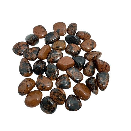 Kindred Crystal Collective - Large group of Mahogany Obsidian tumbled stones showing warm mahogany-brown and deep black volcanic glass patterning, polished finish.
