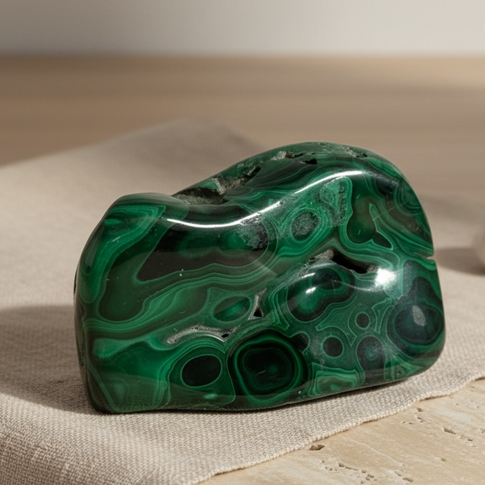 Green malachite stone on a beige cloth with a wooden surface
