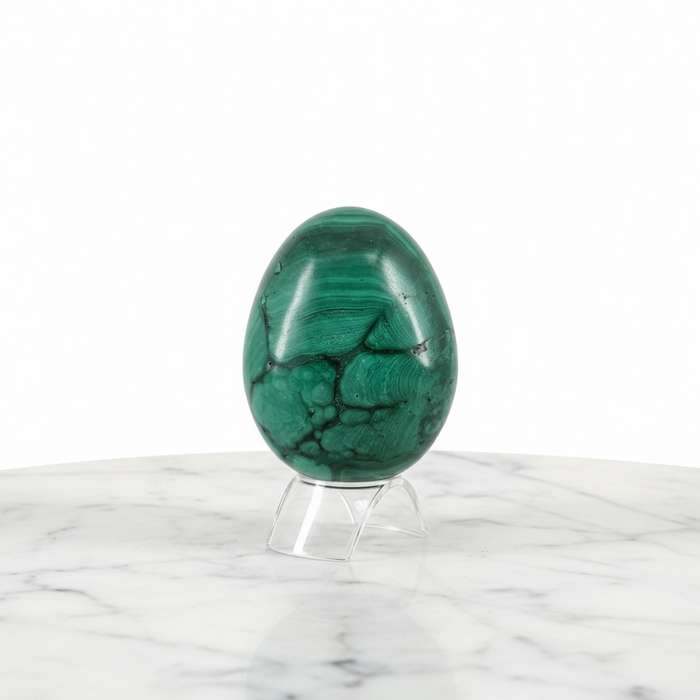 Natural malachite crystal egg in deep emerald green with swirling banded patterns, 585g, for transformation and heart chakra healing