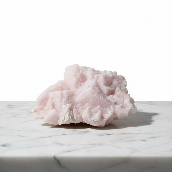 Natural mangano calcite rough piece 529g in soft blush pink, 13.5cm across, for compassion, self-love and emotional warmth