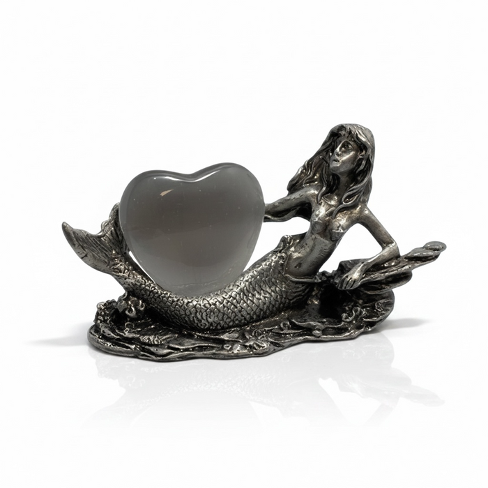 Mermaid Pewter Stand featuring a detailed mermaid figure holding a crystal heart | Kindred Crystal Collective