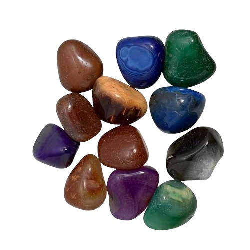 Kindred Crystal Collective — Agate Mixed Tumbled 3cm 200g bag, polished stones in blue, green, purple, brown and grey with varied banding on a white background.