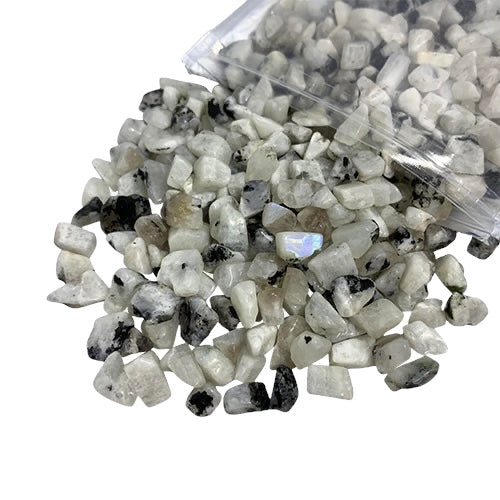 Kindred Crystal Collective — Rainbow Moonstone Chips 500g, white translucent moonstone chips with iridescent blue and rainbow flash in a clear bag on white background