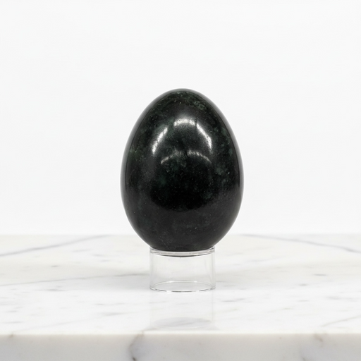 Kindred Crystal Collective - Nephrite Jade egg on a clear stand, showing deep dark green colouring with a smooth high-gloss finish.