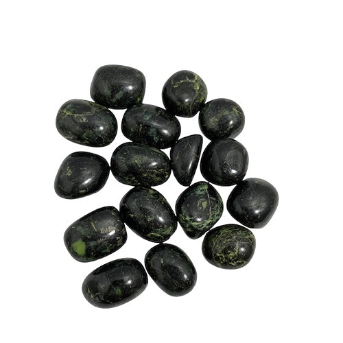 Kindred Crystal Collective - Fifteen polished Nephrite Jade tumbled stones in near-black and very dark green with subtle lighter green veining, high-gloss finish.