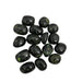 Kindred Crystal Collective - Fifteen polished Nephrite Jade tumbled stones in near-black and very dark green with subtle lighter green veining, high-gloss finish.