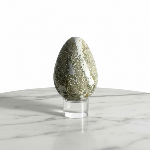 Kindred Crystal Collective — Ocean Jasper Egg, polished earthy green and white orbicular ocean jasper egg
